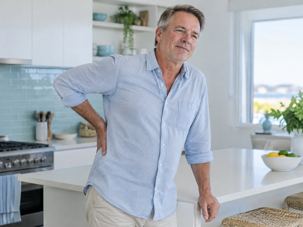 Man standing in a kitchen with a hand on his lower back