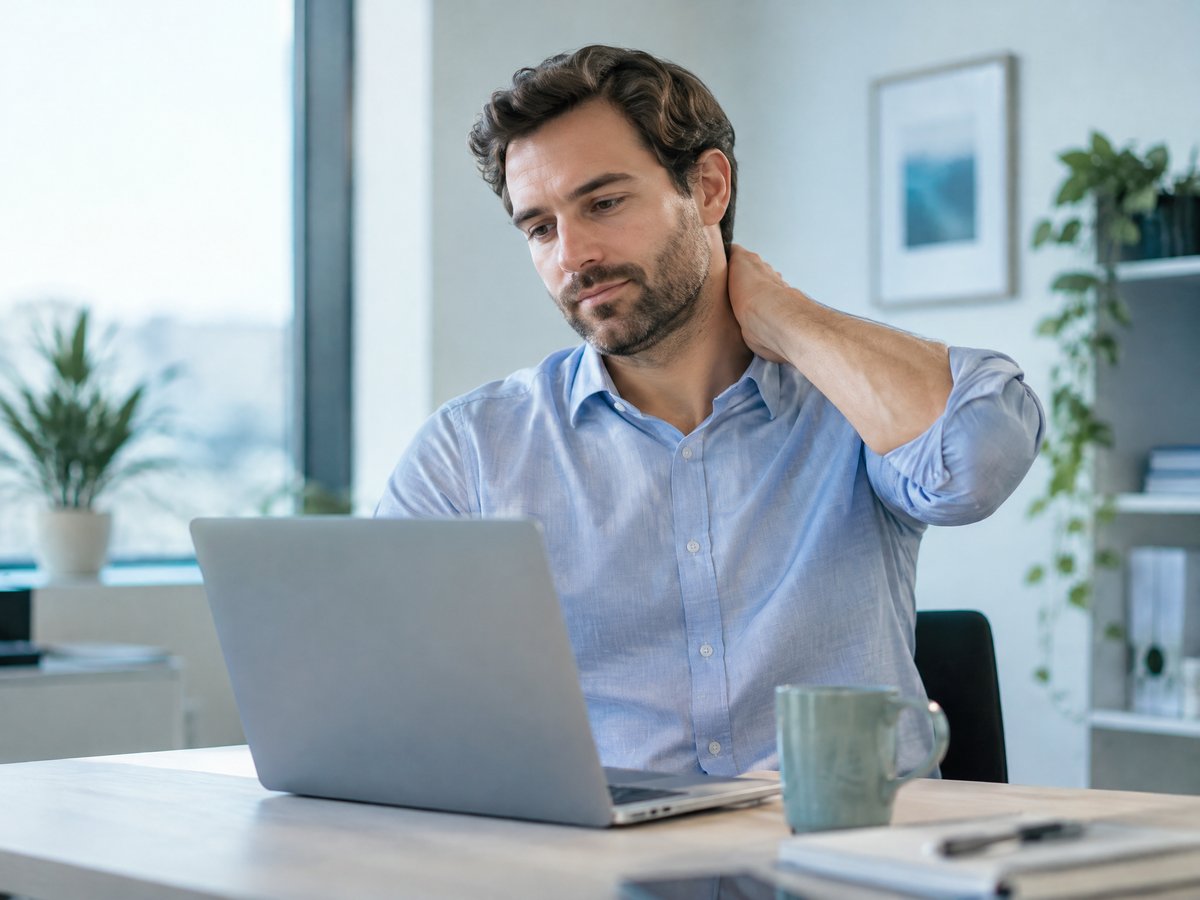 Adult at a desk holding the back of their neck