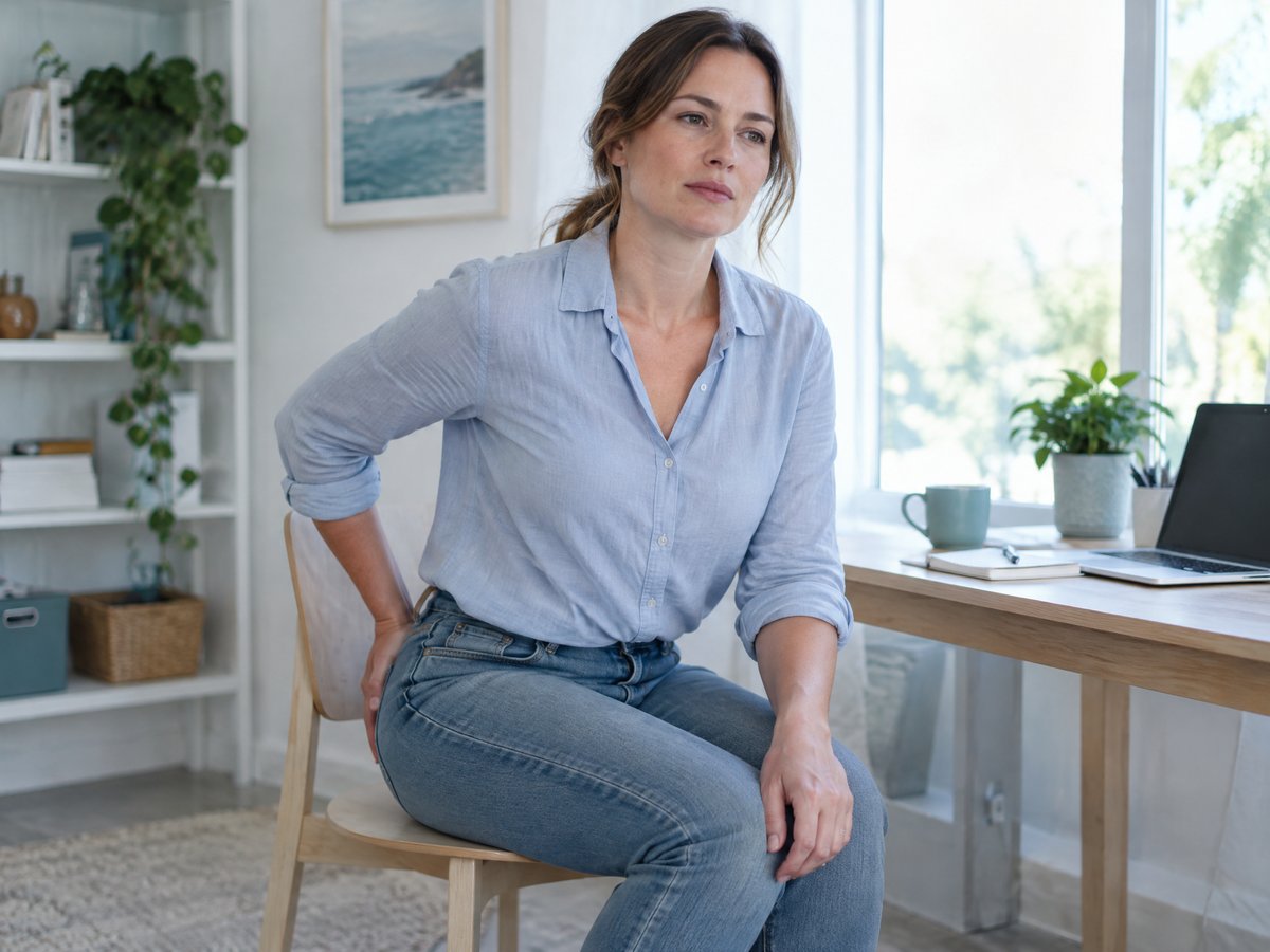 Woman seated with a hand near her hip and lower back