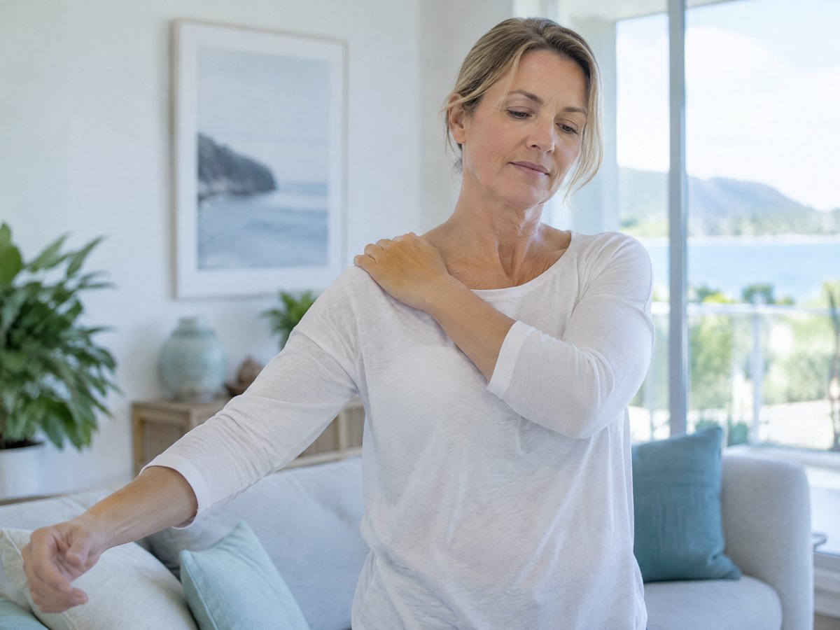 Woman holding her shoulder while moving her arm